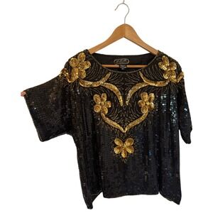 J.L.B. Sequin Top‎ Beaded Embellished Party Cocktail Blouse Vintage SZ XL
